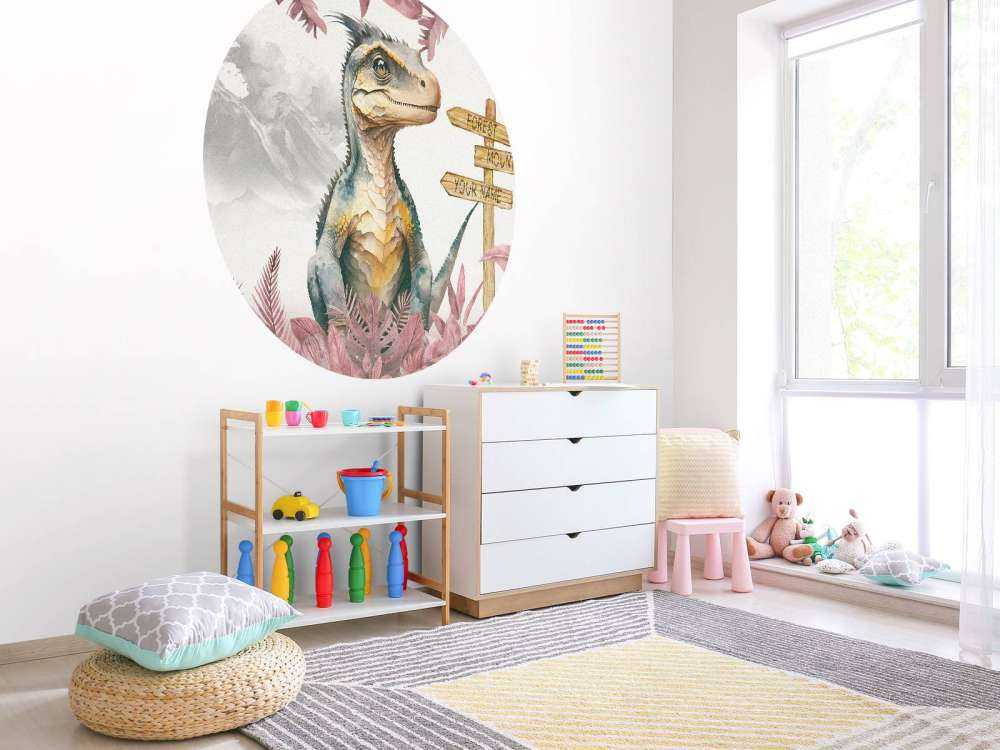 Baby velociraptor in de jungle roze