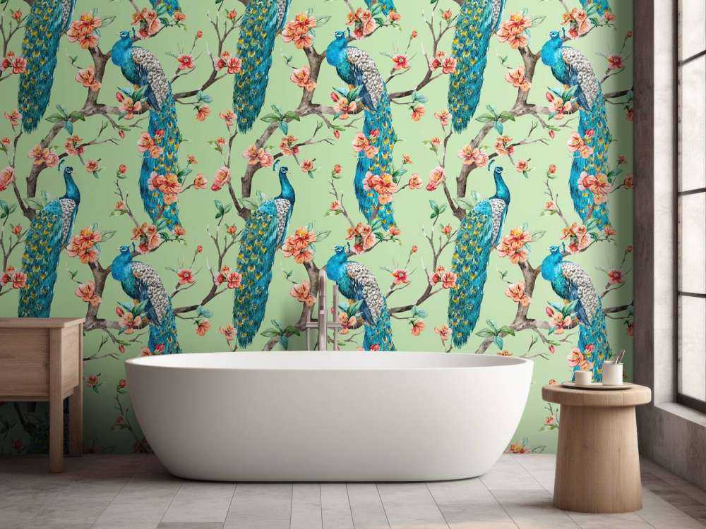 Pauw met tuinbloesem