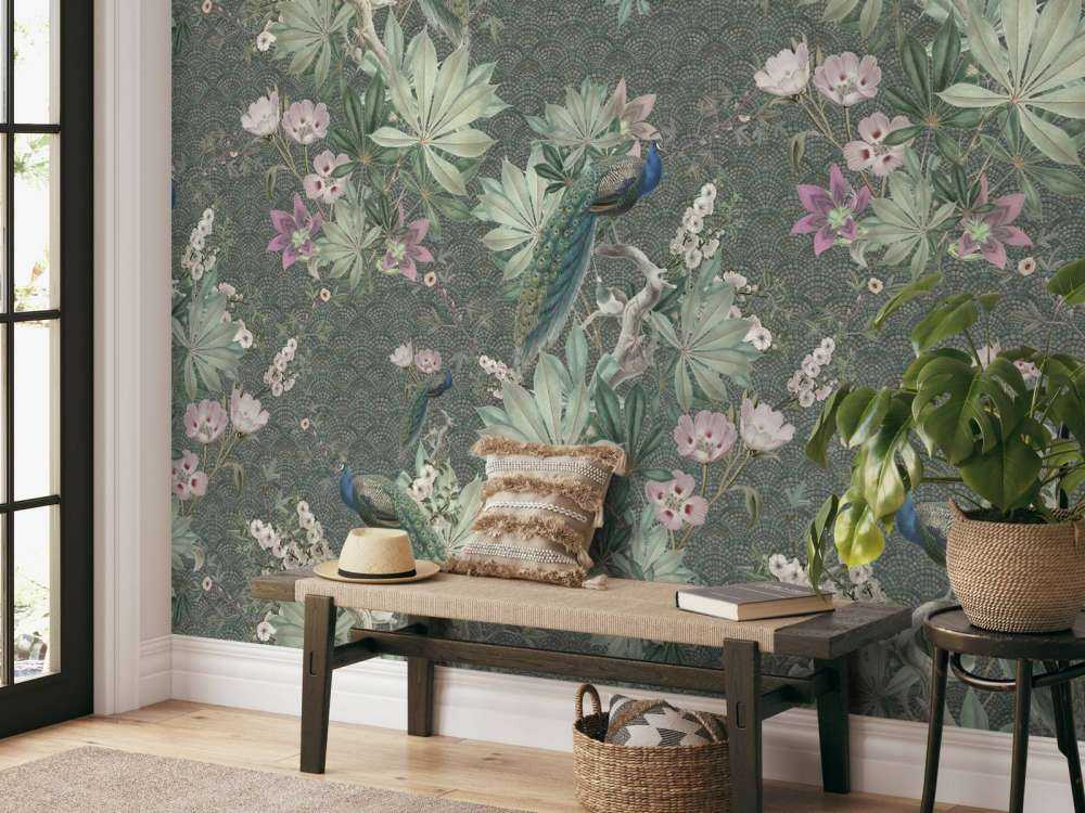 Vintage garden pauwen - donker groen