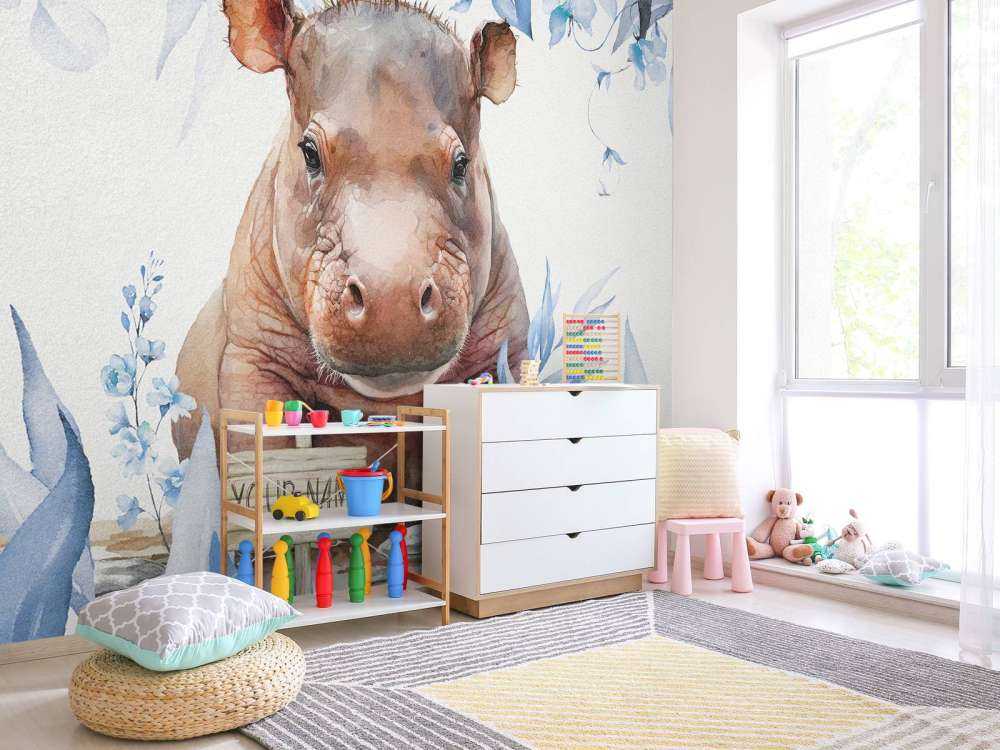 Baby nijlpaard in de bladeren blauw