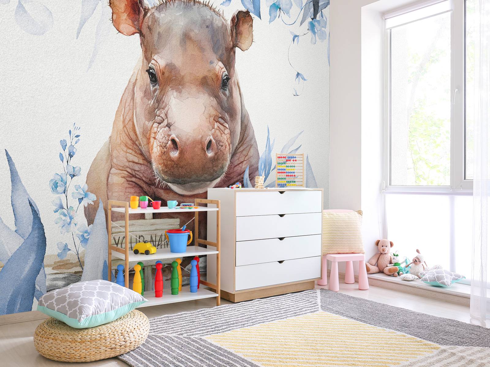 Baby nijlpaard in de bladeren blauw