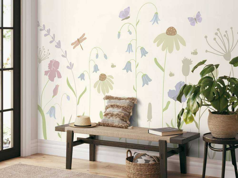 Bloemenveld hoog met vlinders beige, oud roze, groen en lila