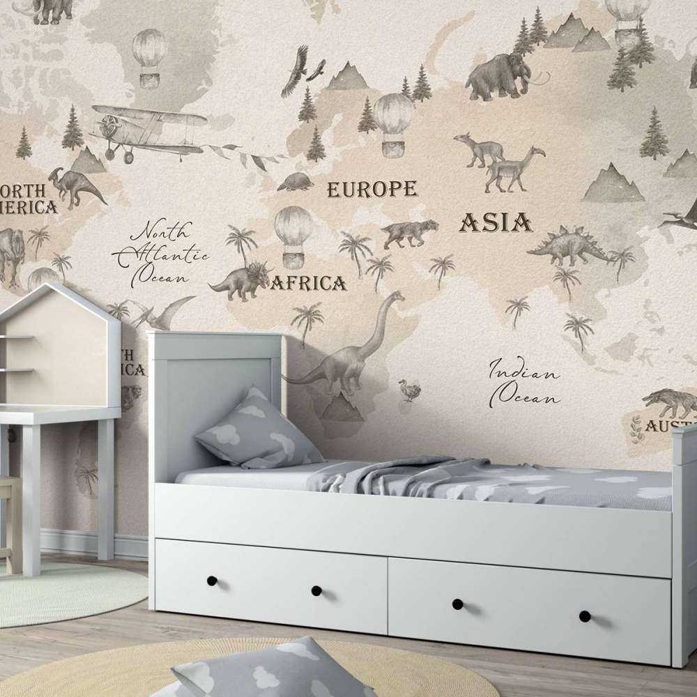 Wereldkaart met dino's off-white