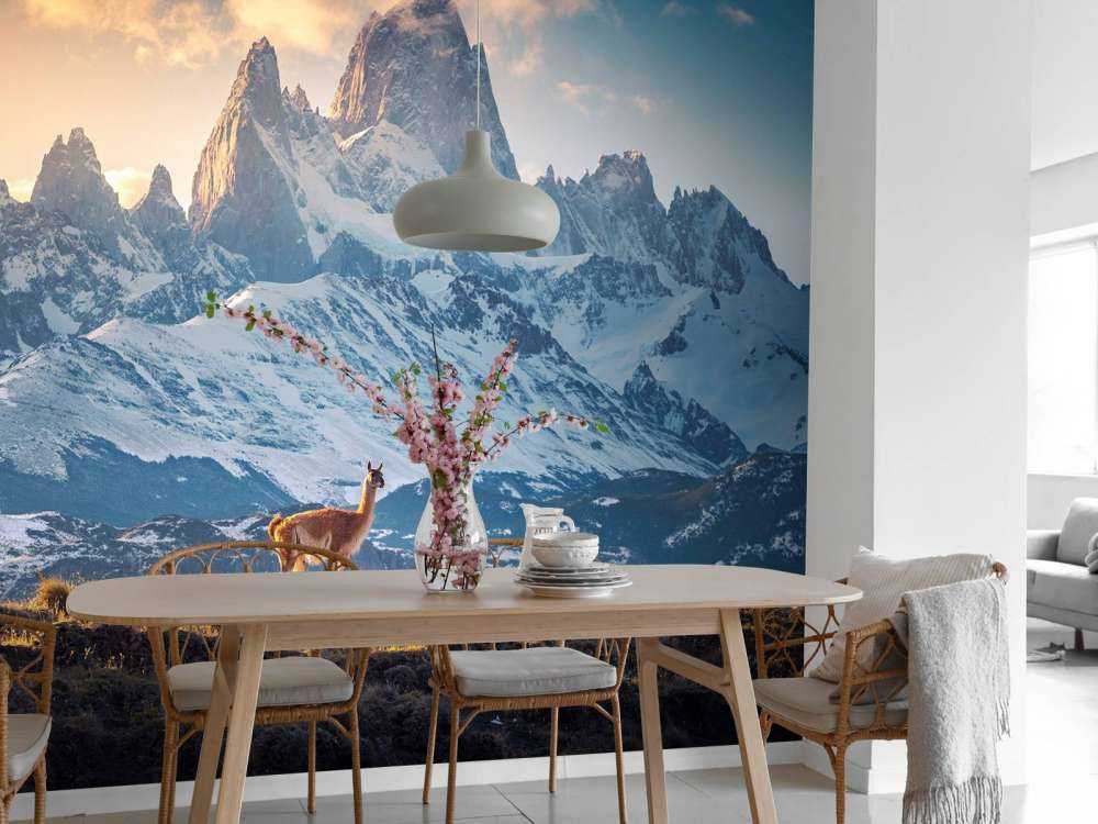 Guanaco bij besneeuwde bergtoppen