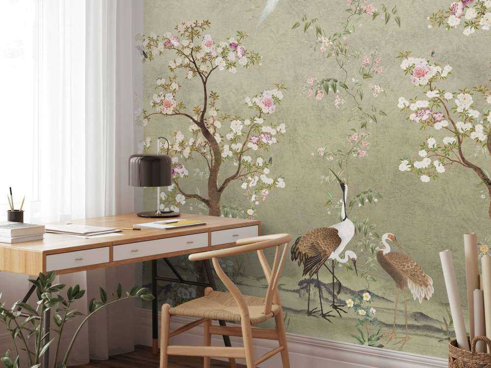 Bloeiende kersenbomen met kraanvogels