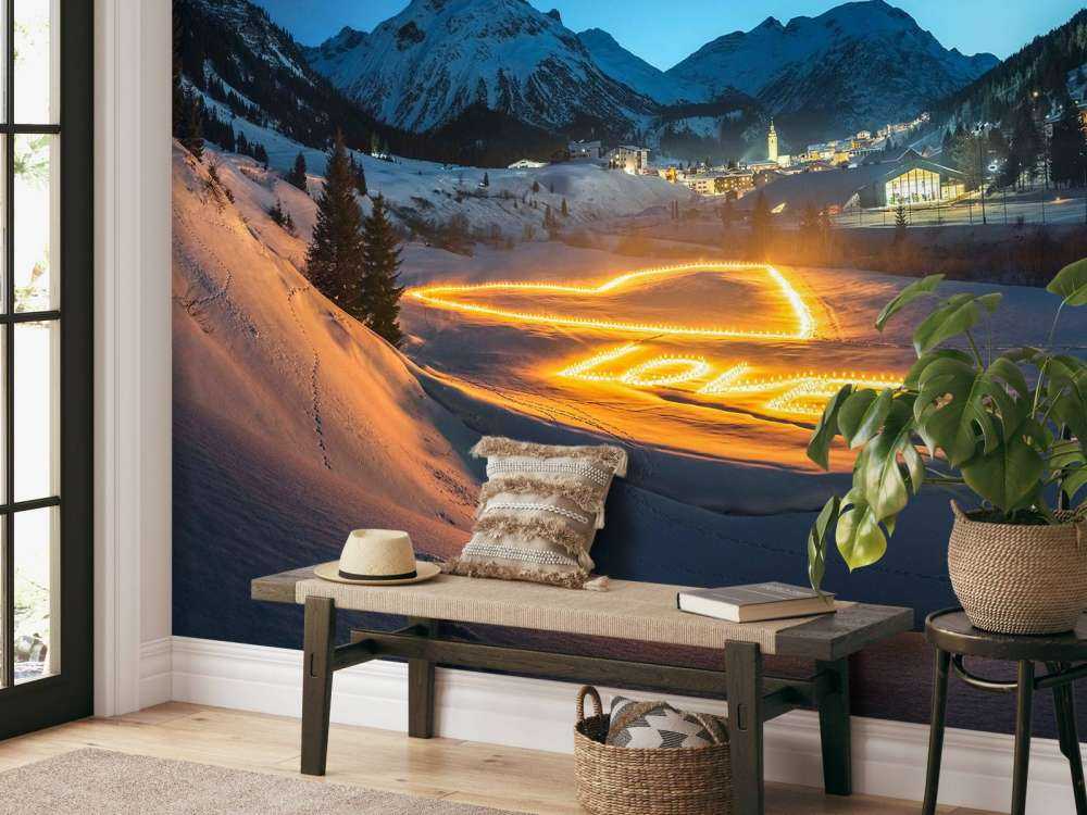 Lichtkunst in winters bergdorp