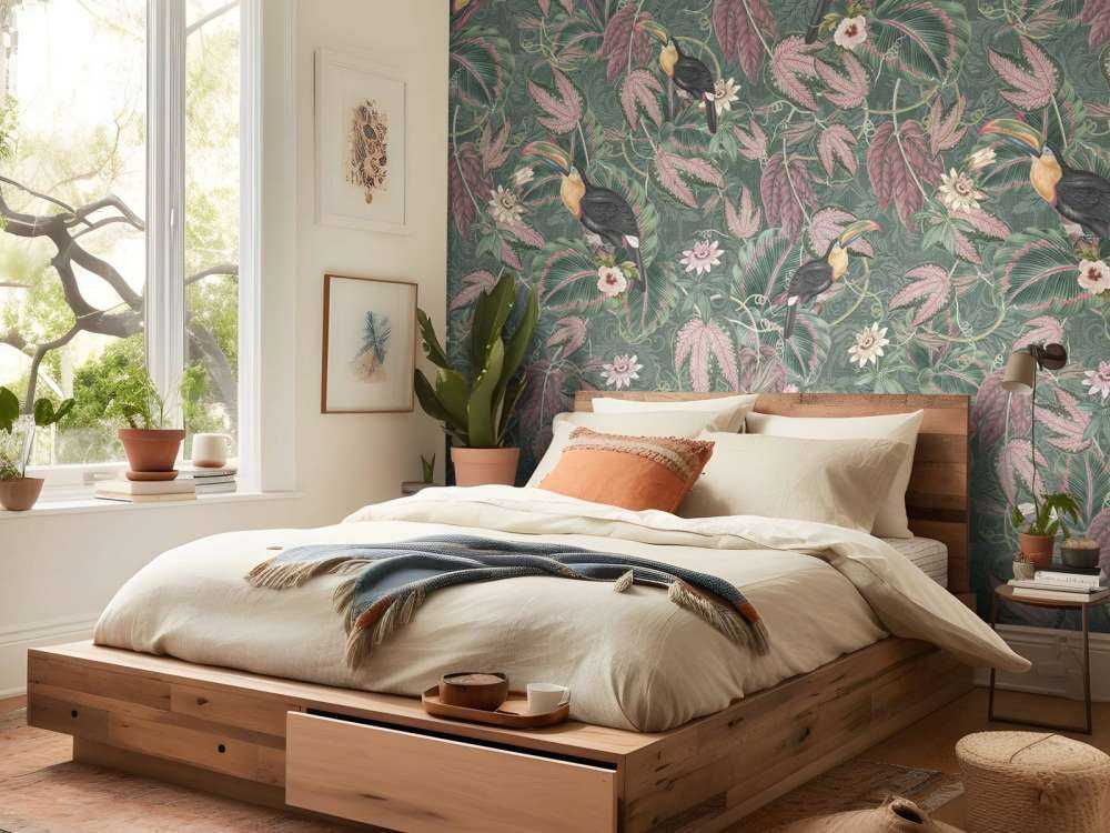 Tropische Jungle vogels & Toekans - donker groen