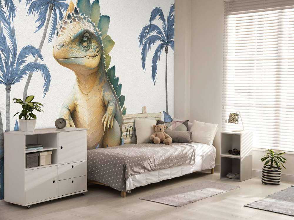 Baby stegosaurus in de jungle blauw