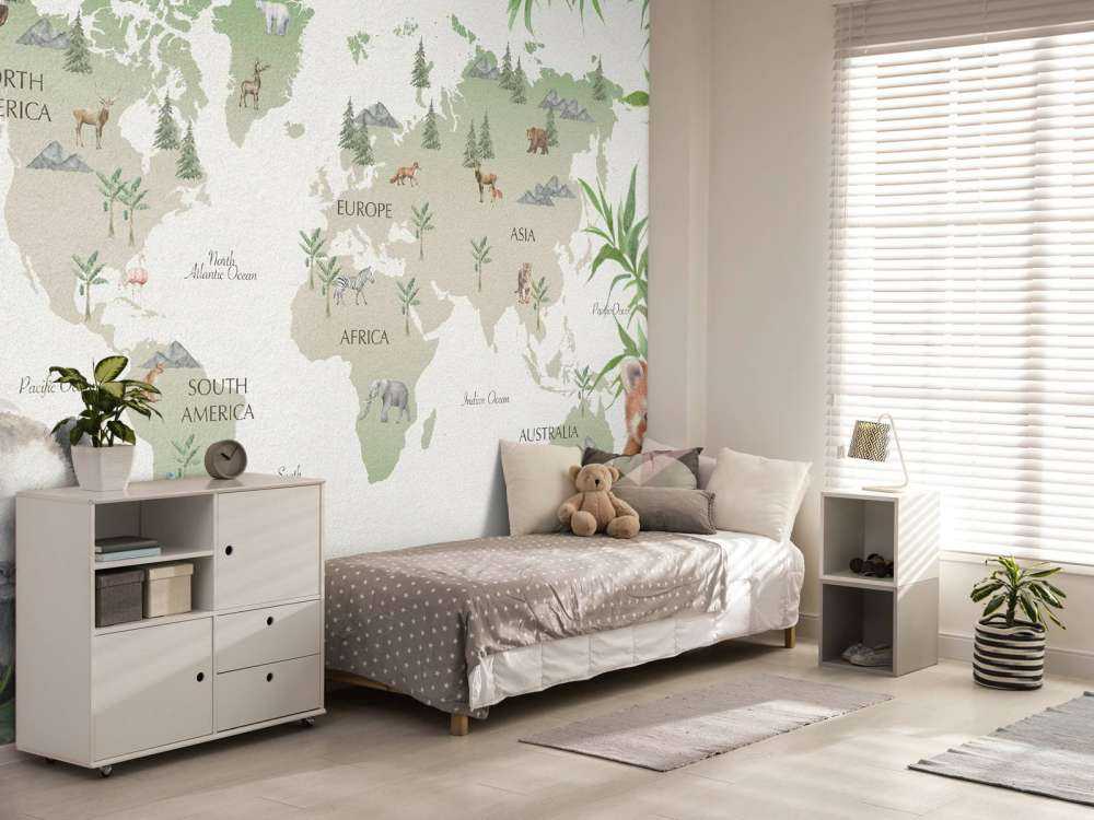 Wereldkaart met bamboe en panda's