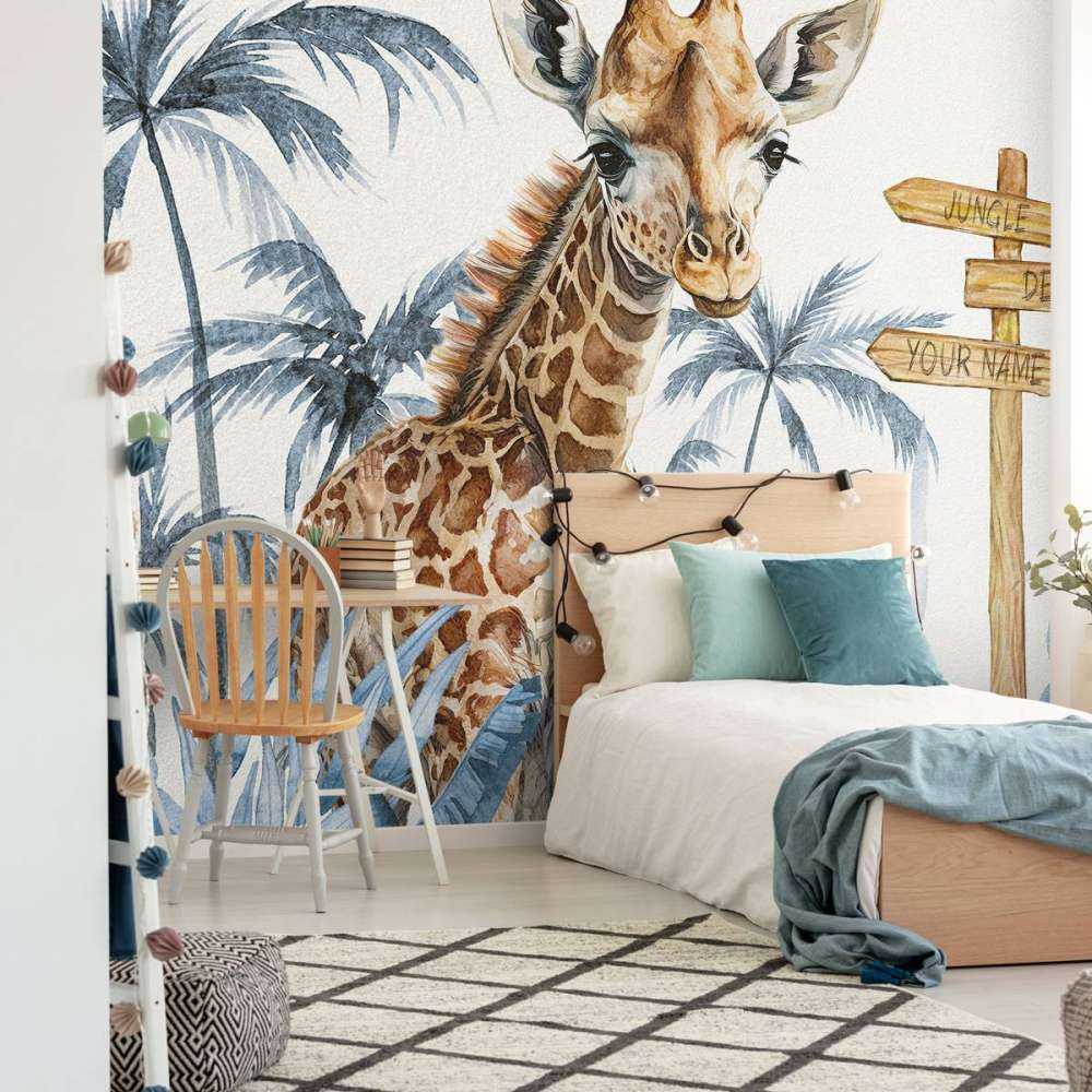 Baby giraffe in de jungle blauw