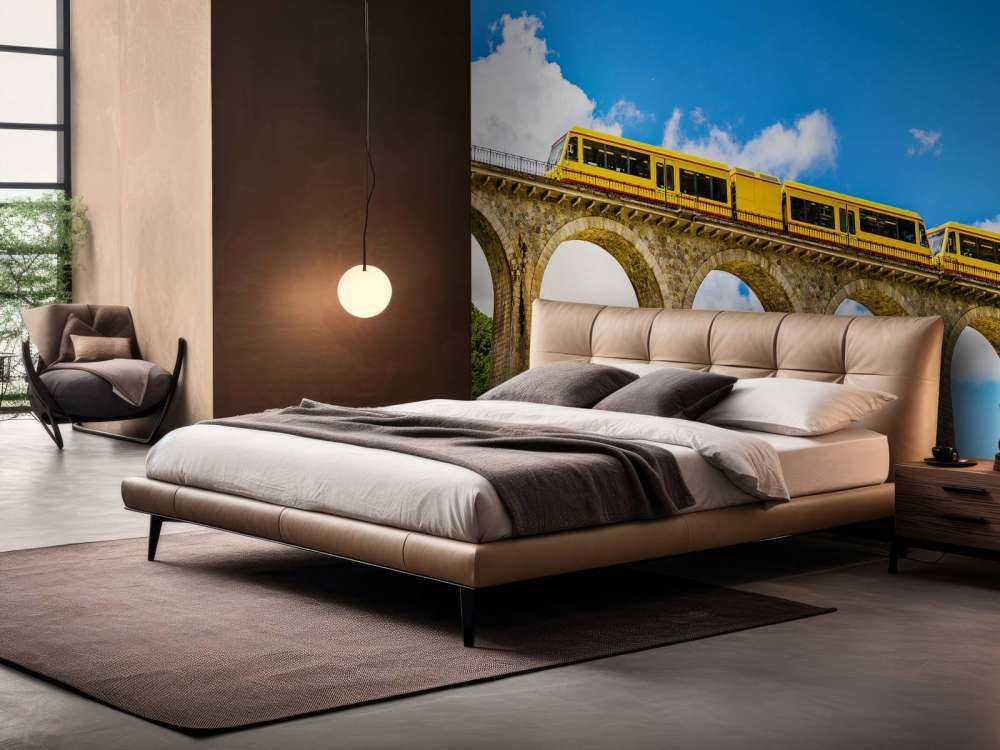 Gele trein op een viaduct in Frankrijk