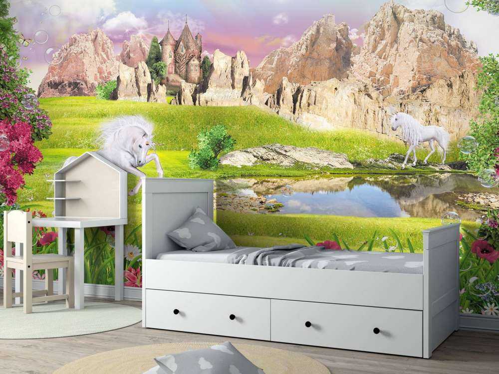 Eenhoorns in een droomlandschap