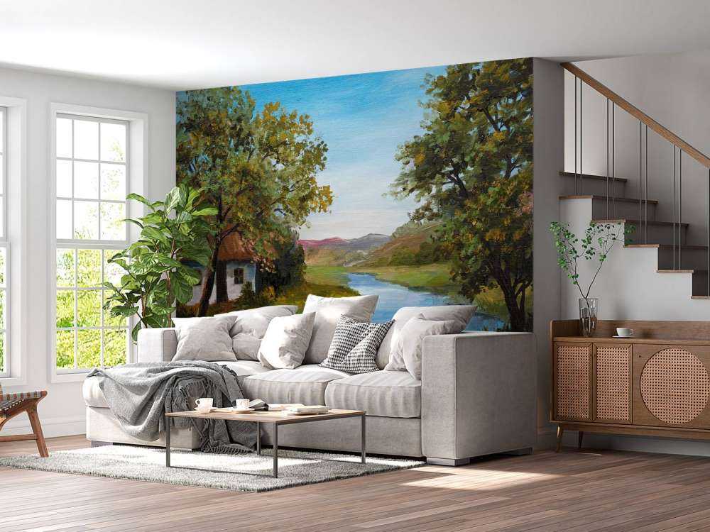 Boerderij met een zomers landschap schilderij