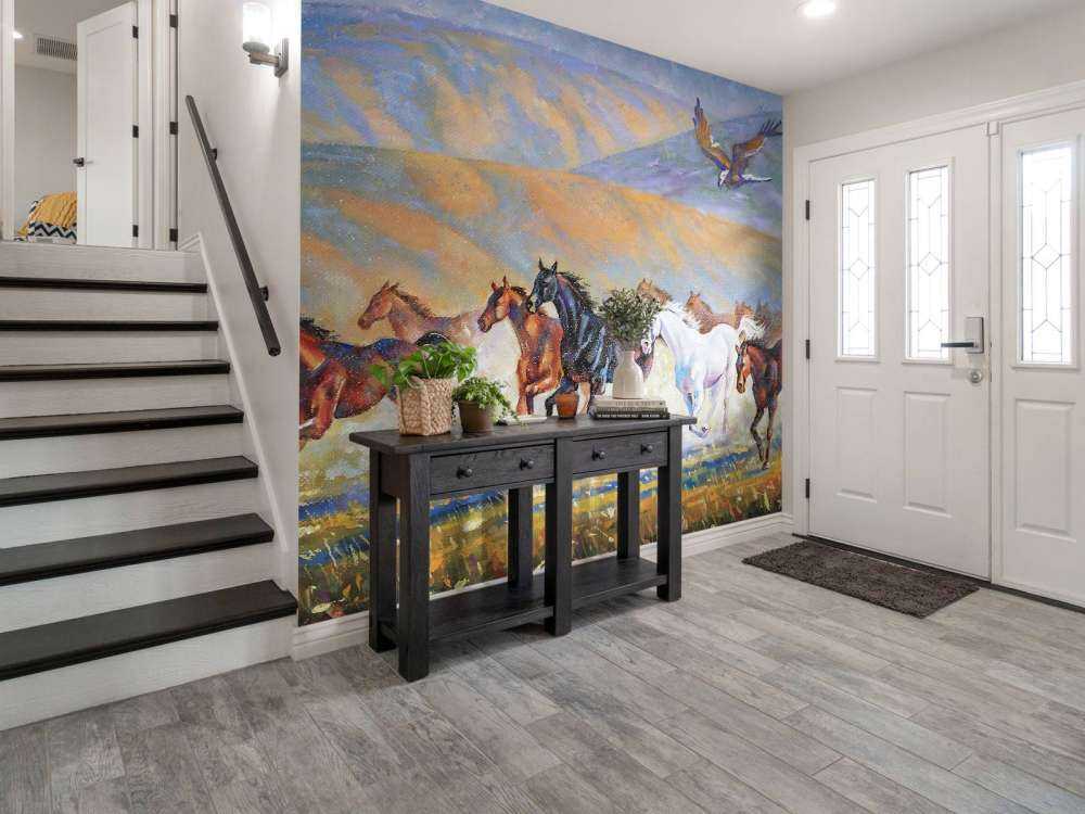 Schilderij van paarden en een vliegende adelaar