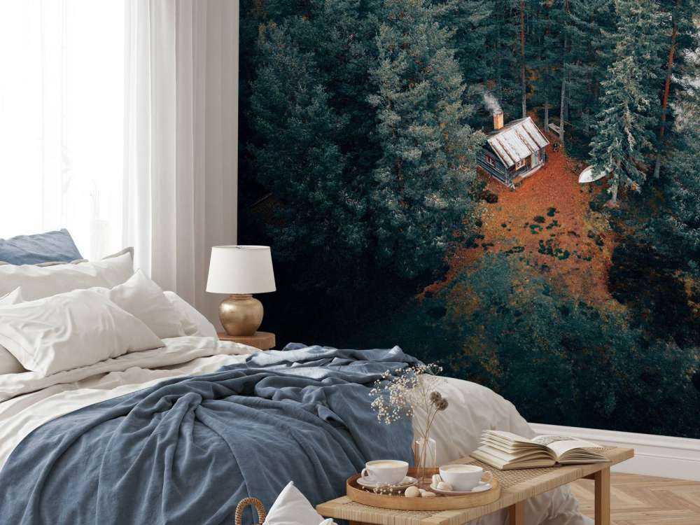 Hut omgeven door bos en meren