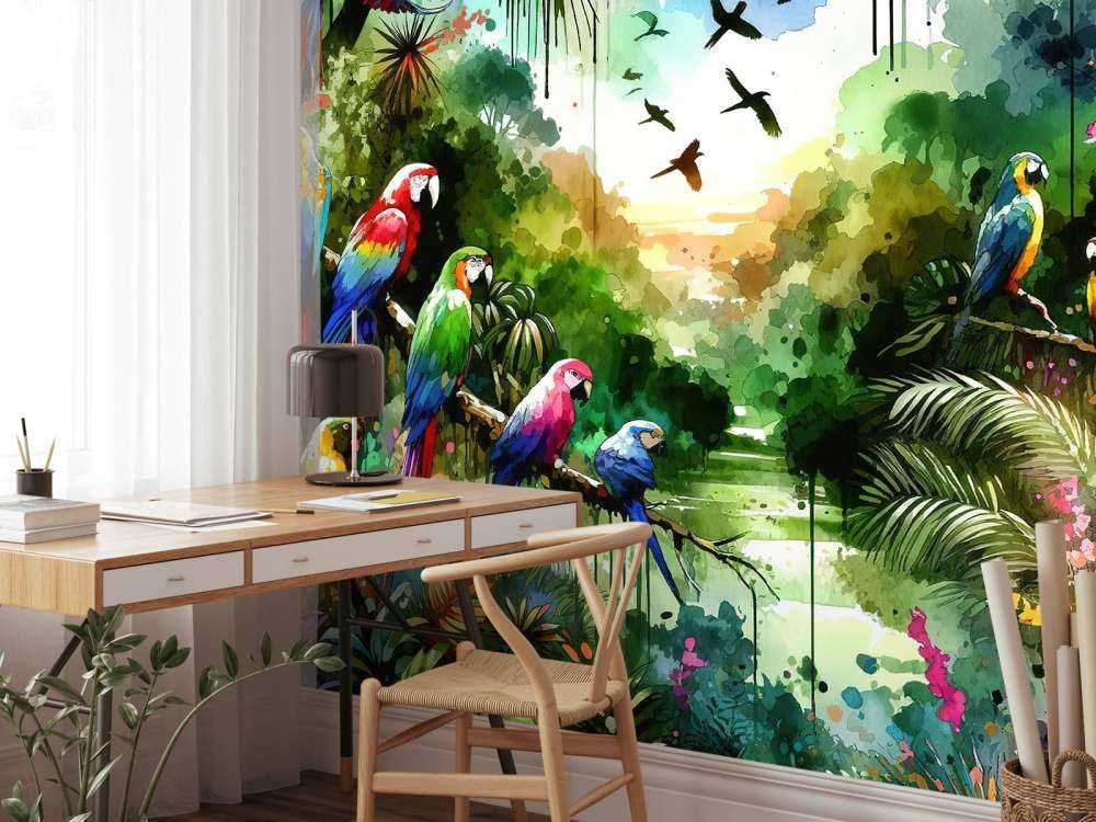 Watercolor Tropical Birds In The Jungle