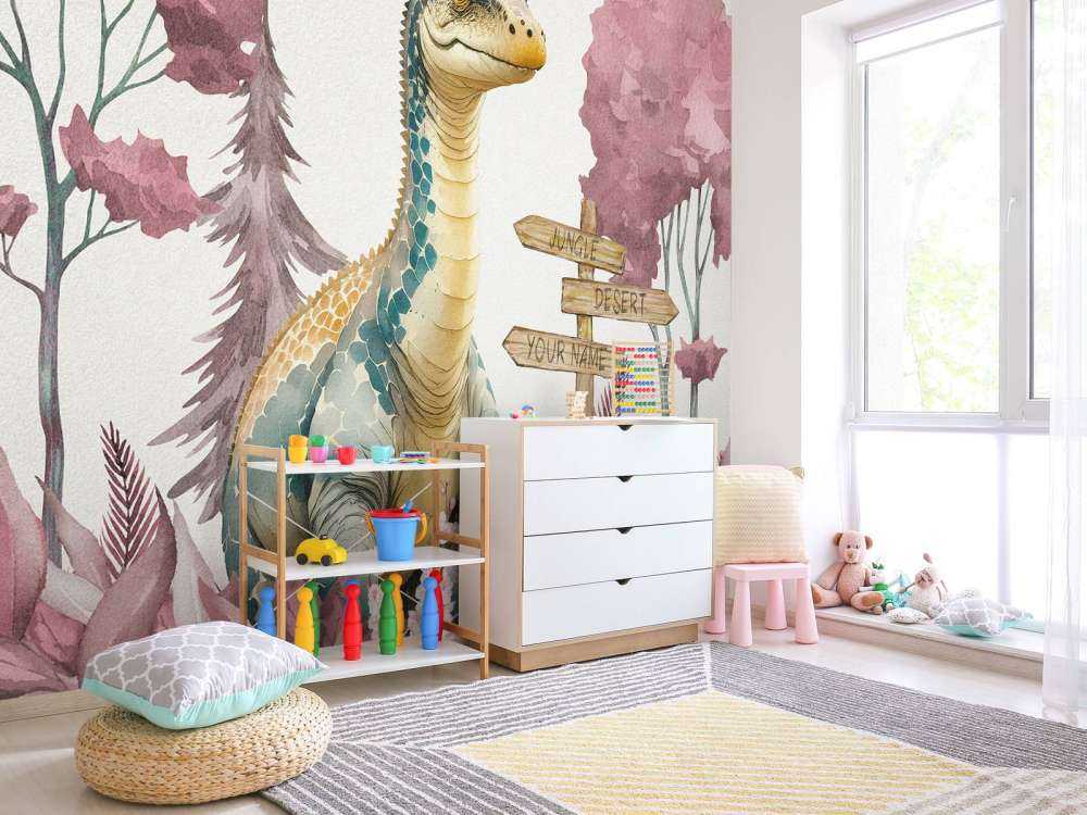 Baby brachiosaurus in de jungle roze