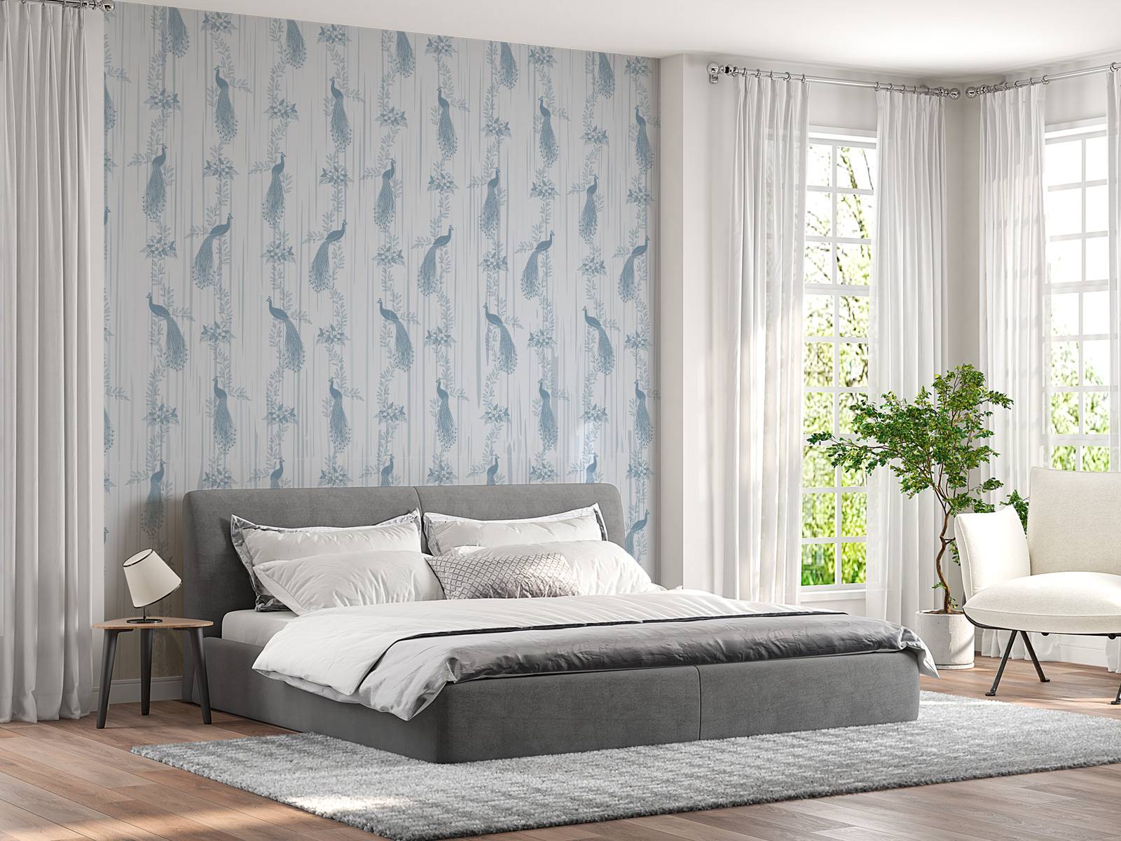 Klassiek Pauw Flora Behang - blauw