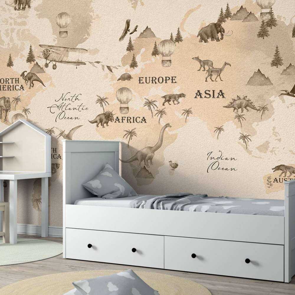 Wereldkaart met dino's beige