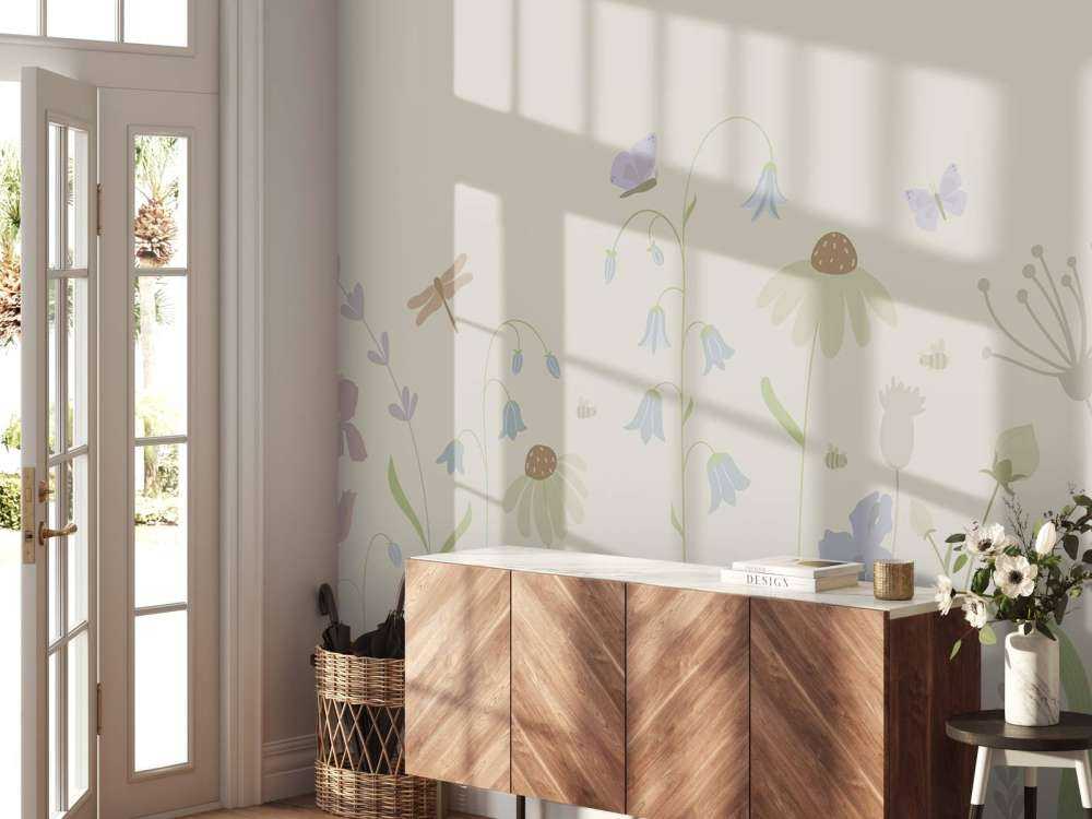 Bloemenveld hoog met vlinders zand, oud roze, groen en lila