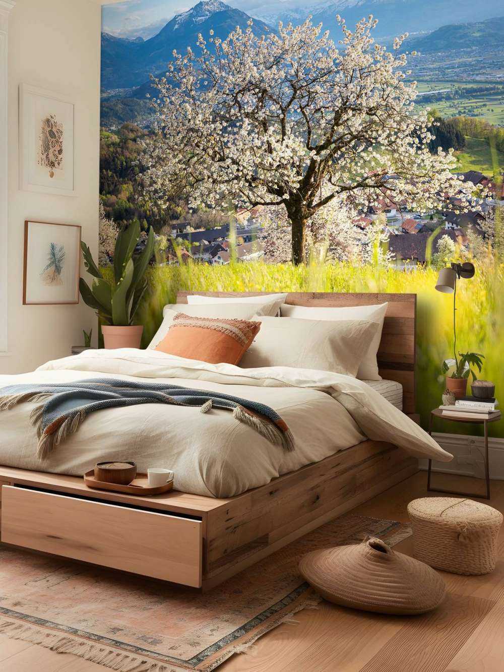 Bloeiende kersenboom in alpenweide