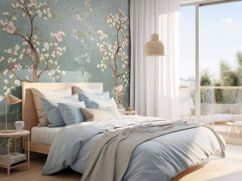 Bloesembomen met kraanvogels in serene tuin