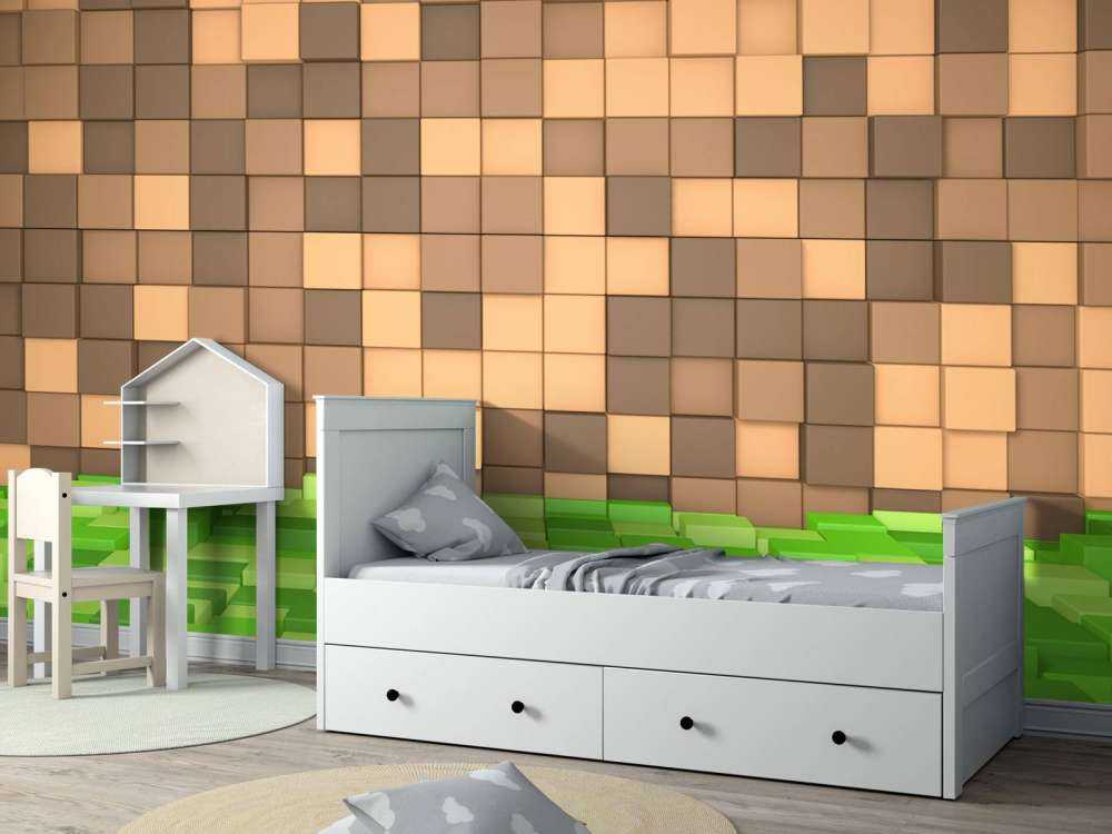 3D Minecraft landschap met bruine blokken