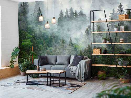 Mistig landschap met groene bomen
