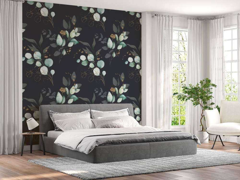 Donkerblauwe bladeren met goud