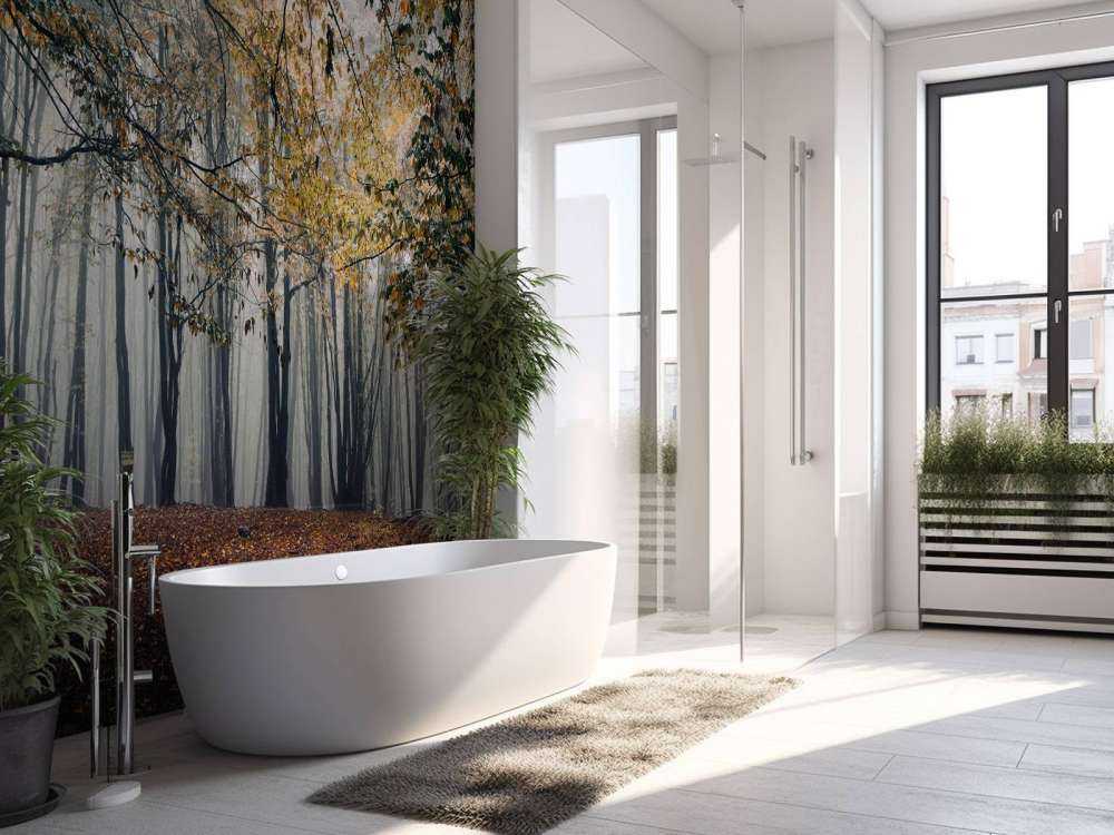 Mistig Herfst Bos met veel Bomen