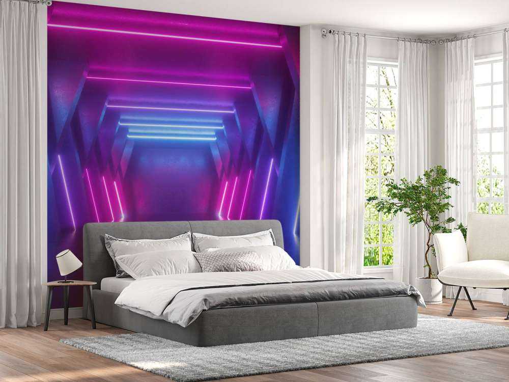 Neon verlichte ruimte met balken