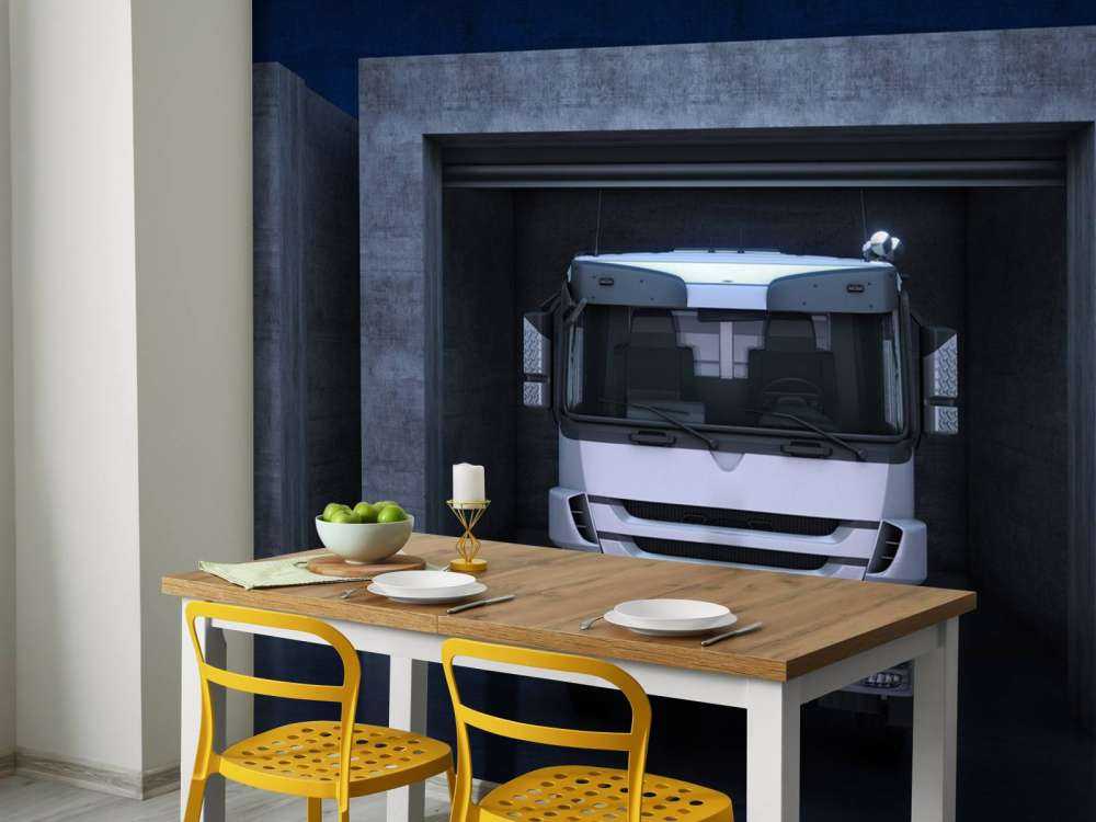 Vrachtwagens in garageboxen