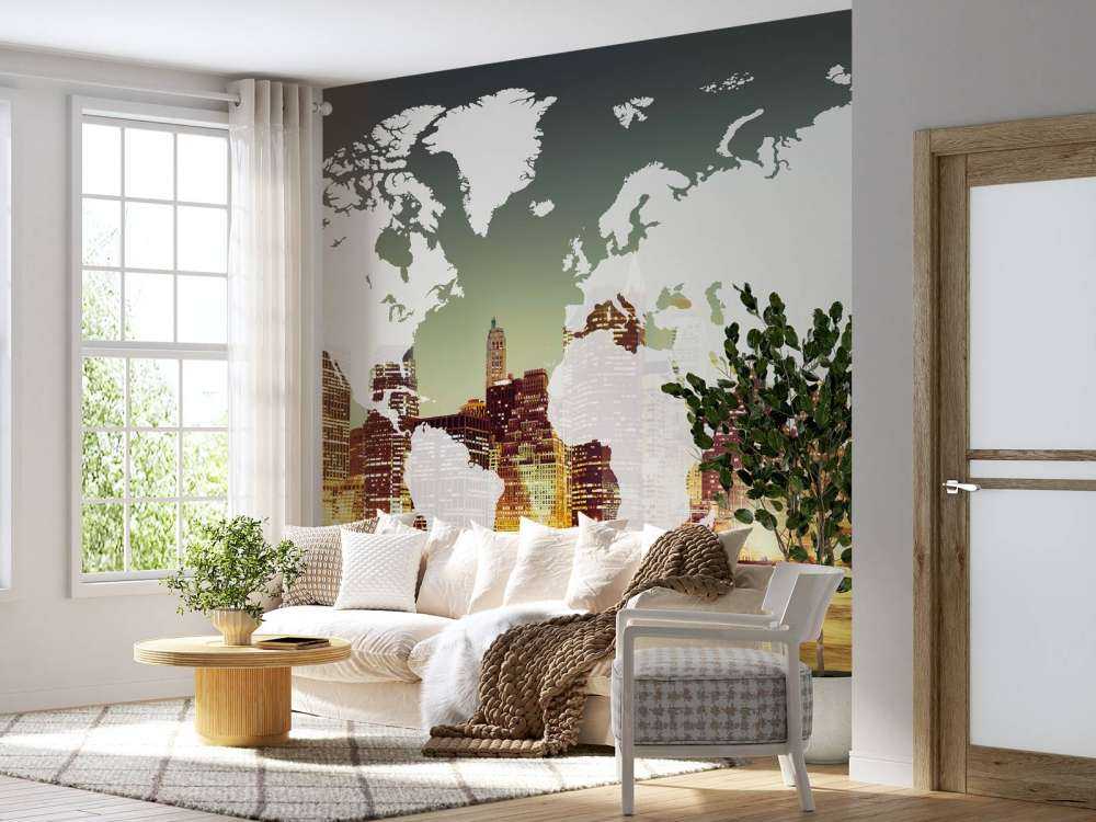 Wereldkaart met een stad op de achtergrond