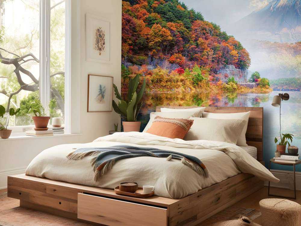 Helder blauw meer met een vulkaan op de achtergrond