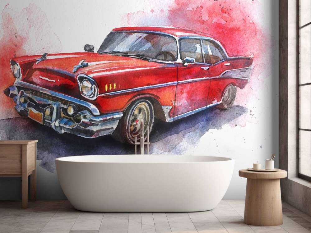 Aquarel van een rode ouderwetse auto