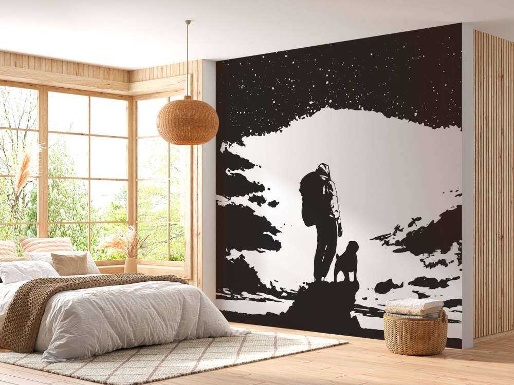 Reiziger met hond zwart-wit