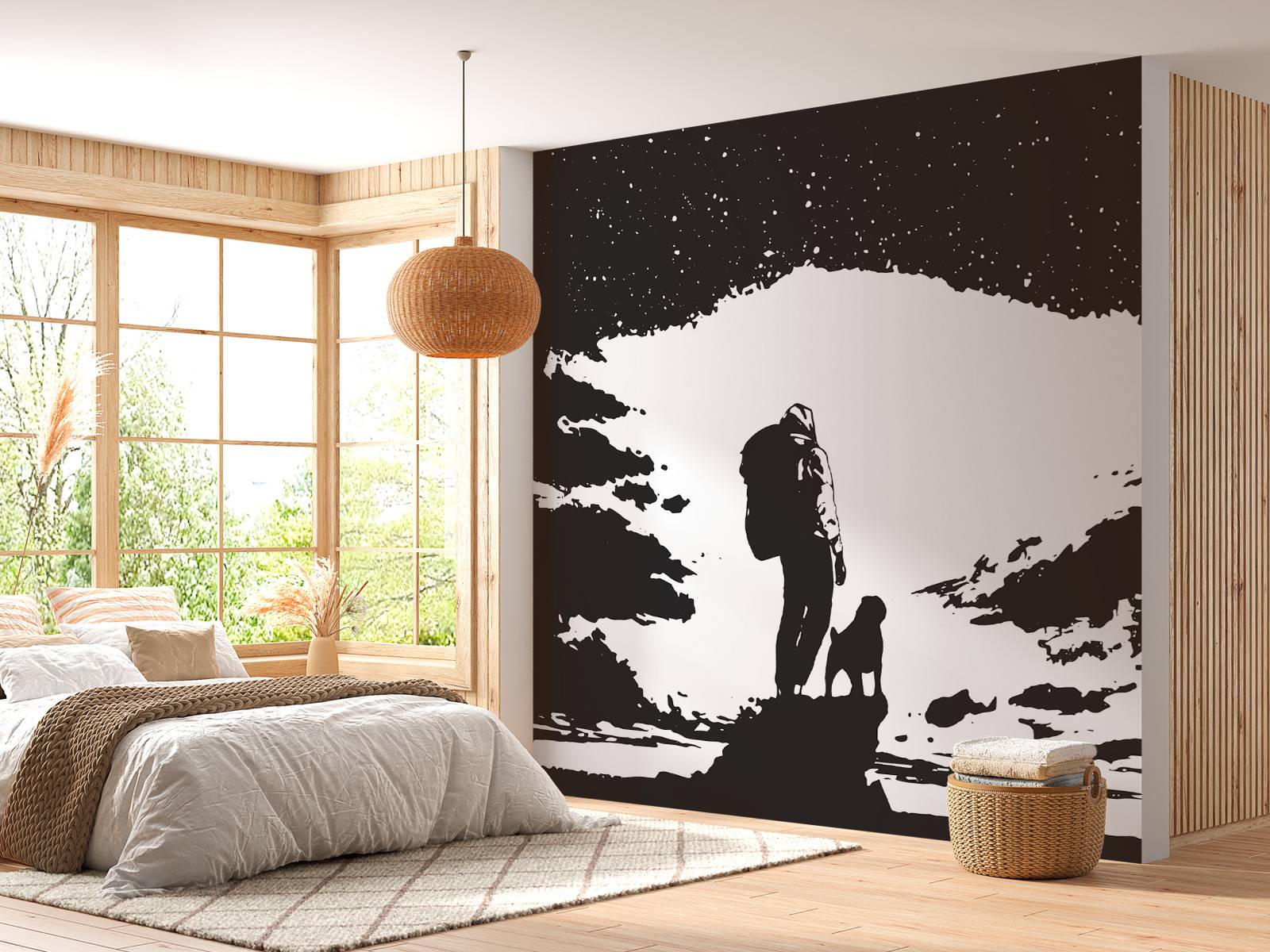 Reiziger met hond zwart-wit