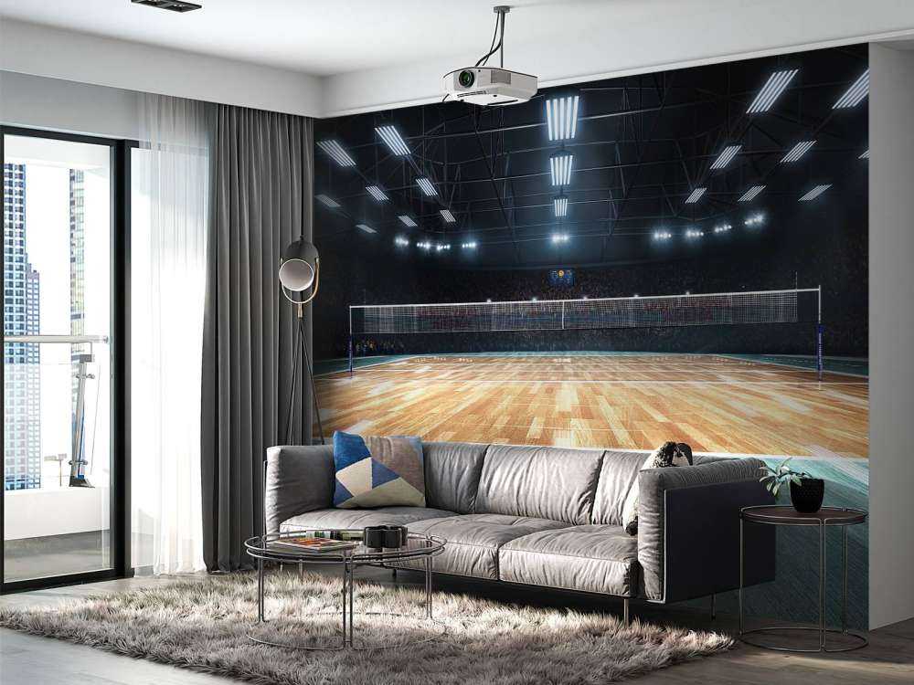 Verlicht volleybalveld met een houten vloer