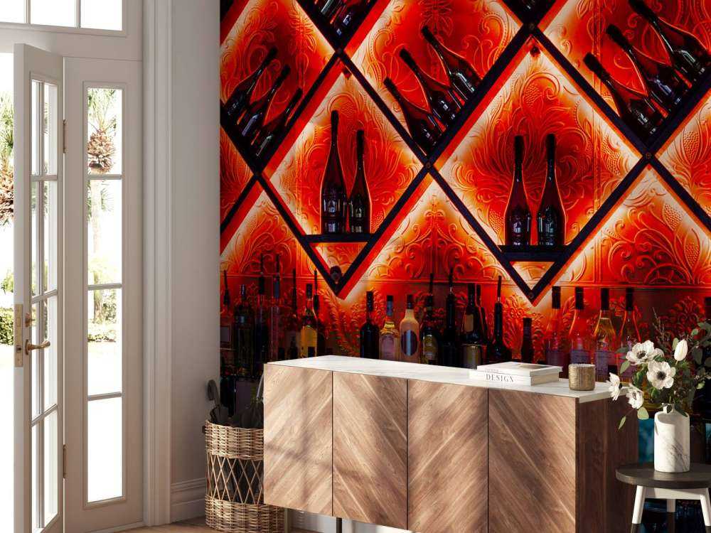 Verlichte bar met drankflessen