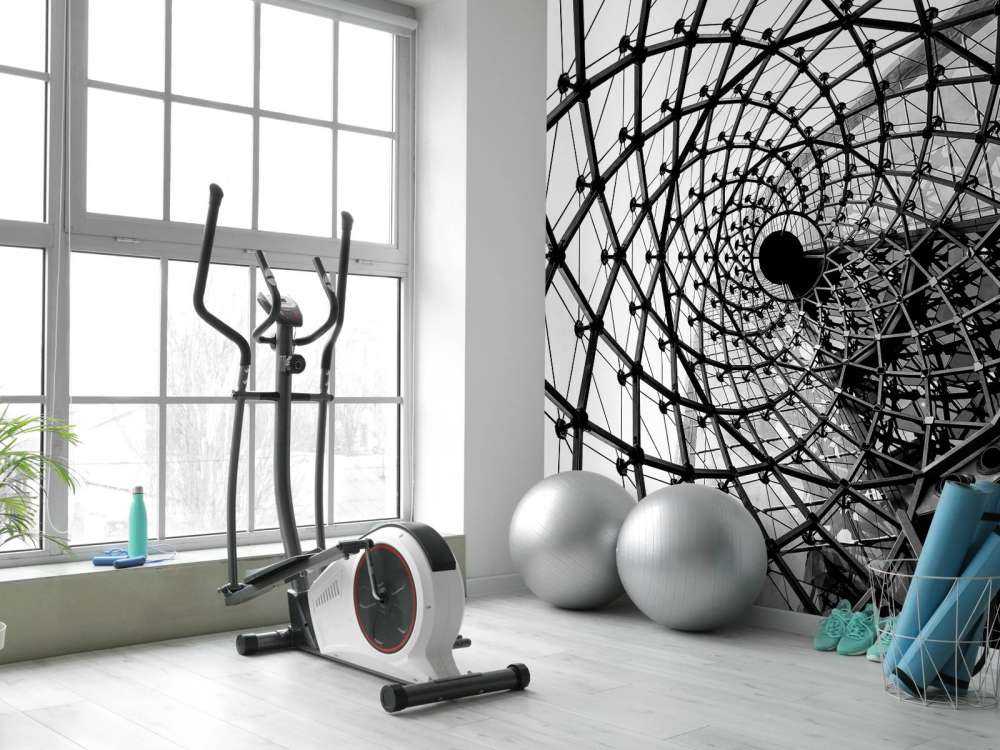 Spiraalvormige architectuur in zwart-wit