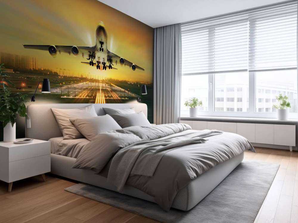 Passagiersvliegtuig stijgt op bij zonsondergang