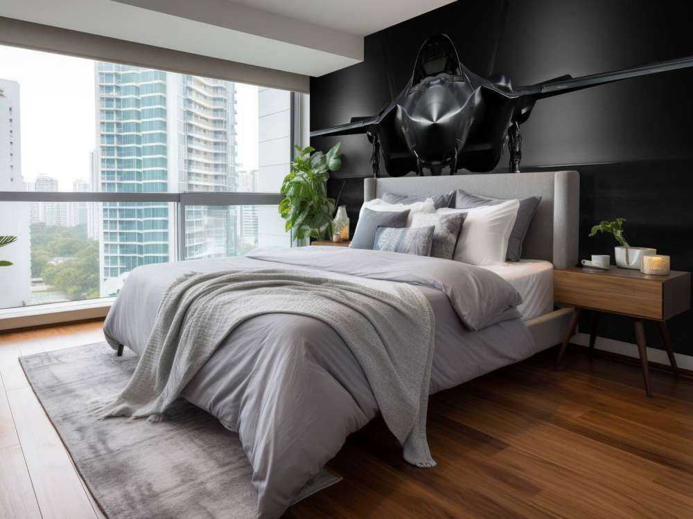 Zwarte F35 in een donkere ruimte