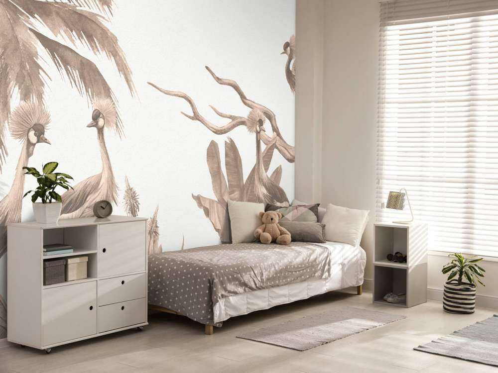Jungle met kraanvogels in taupe