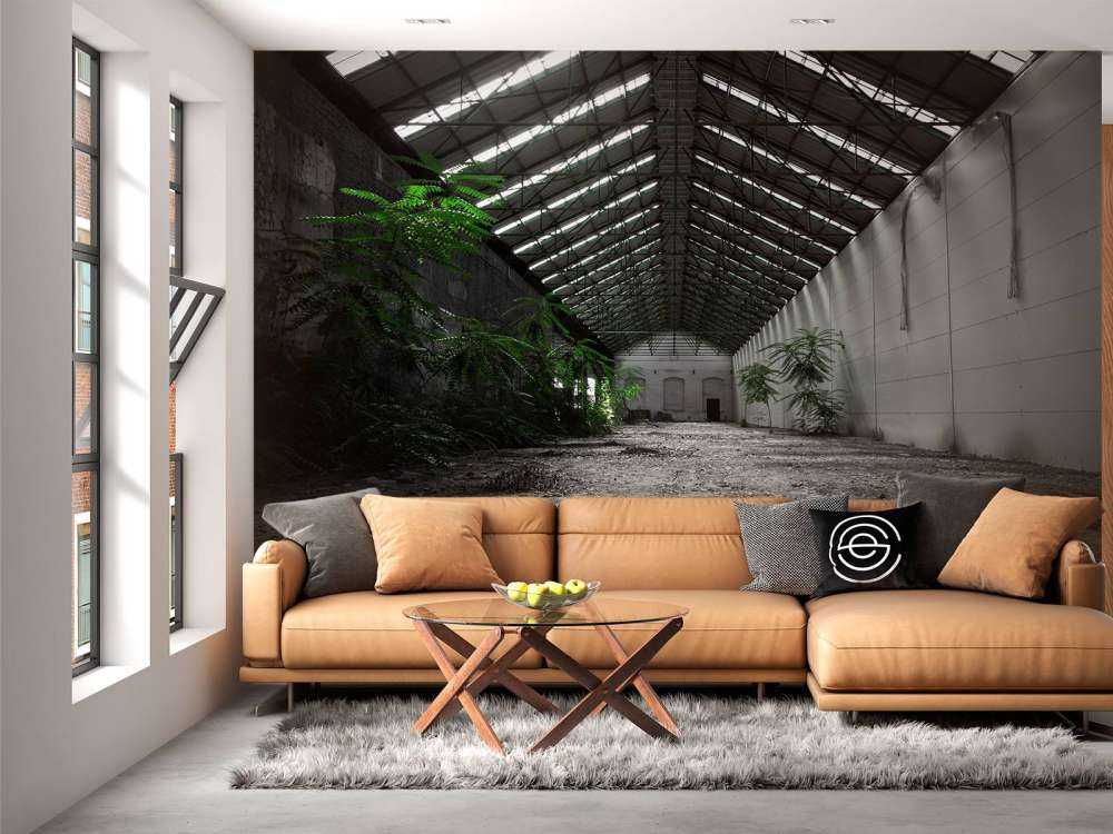 Industriële hal met planten