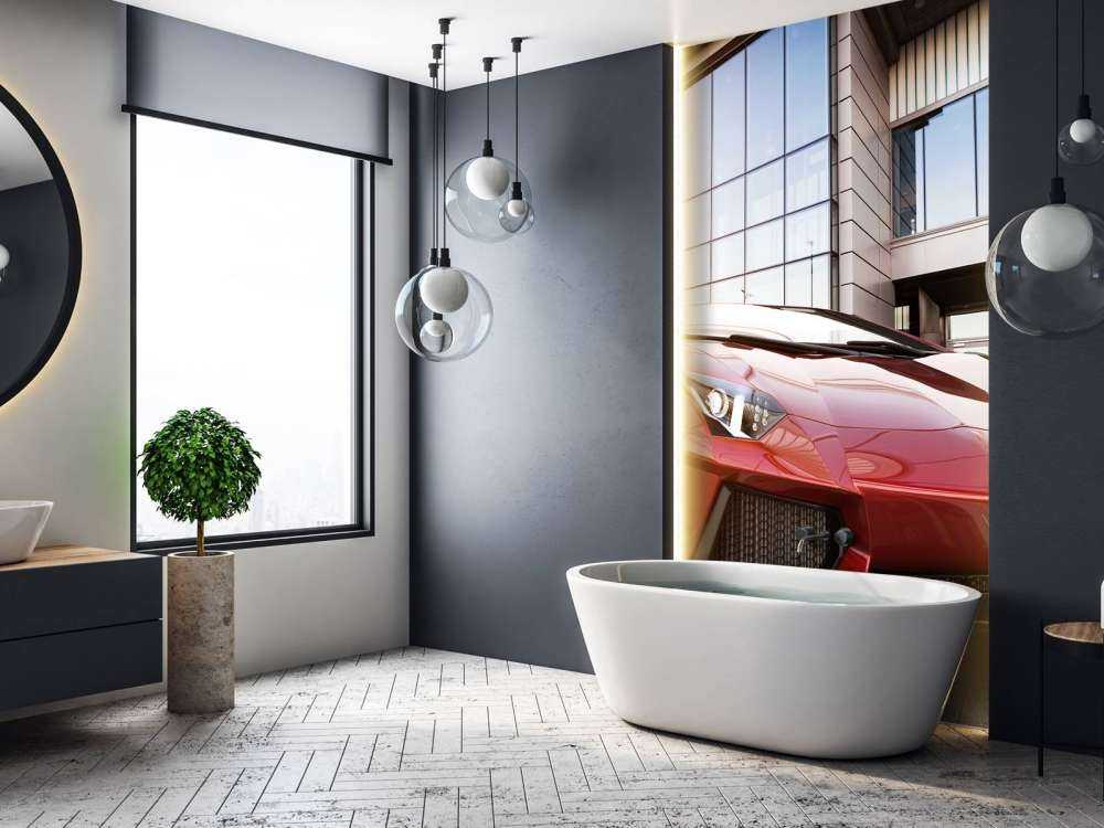 Rode sportwagen in een moderne stedelijke omgeving