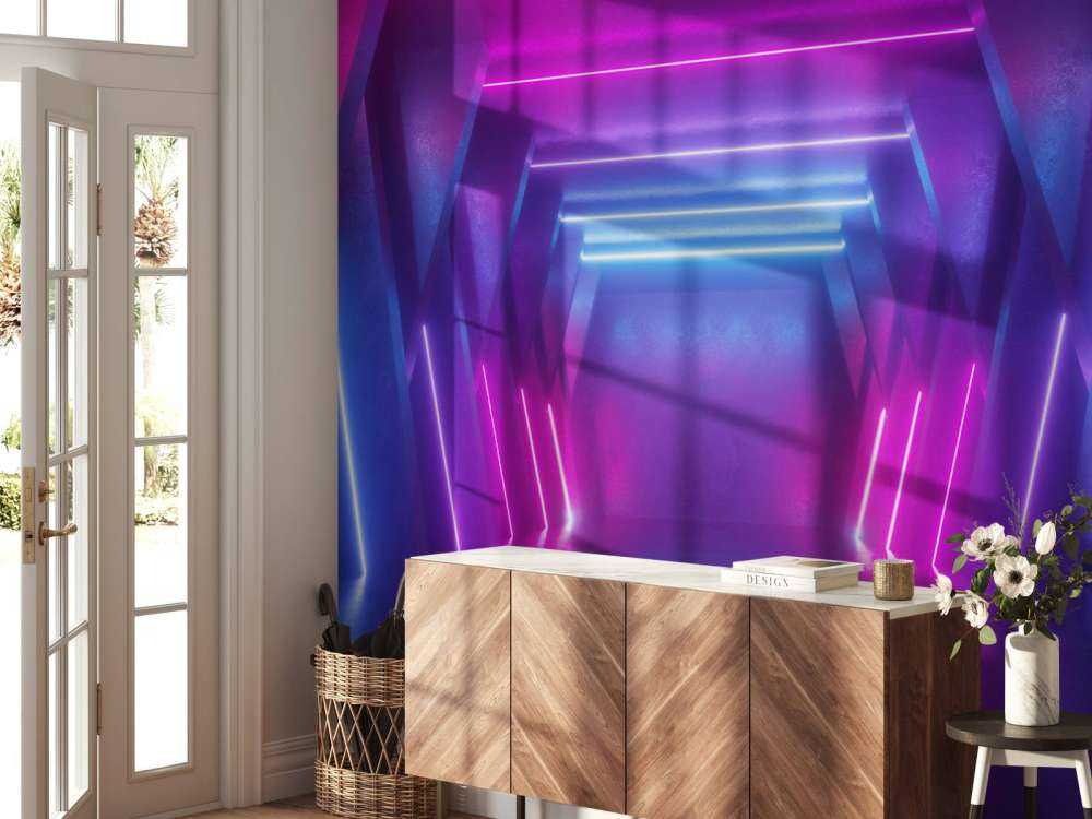 Neon verlichte ruimte met balken