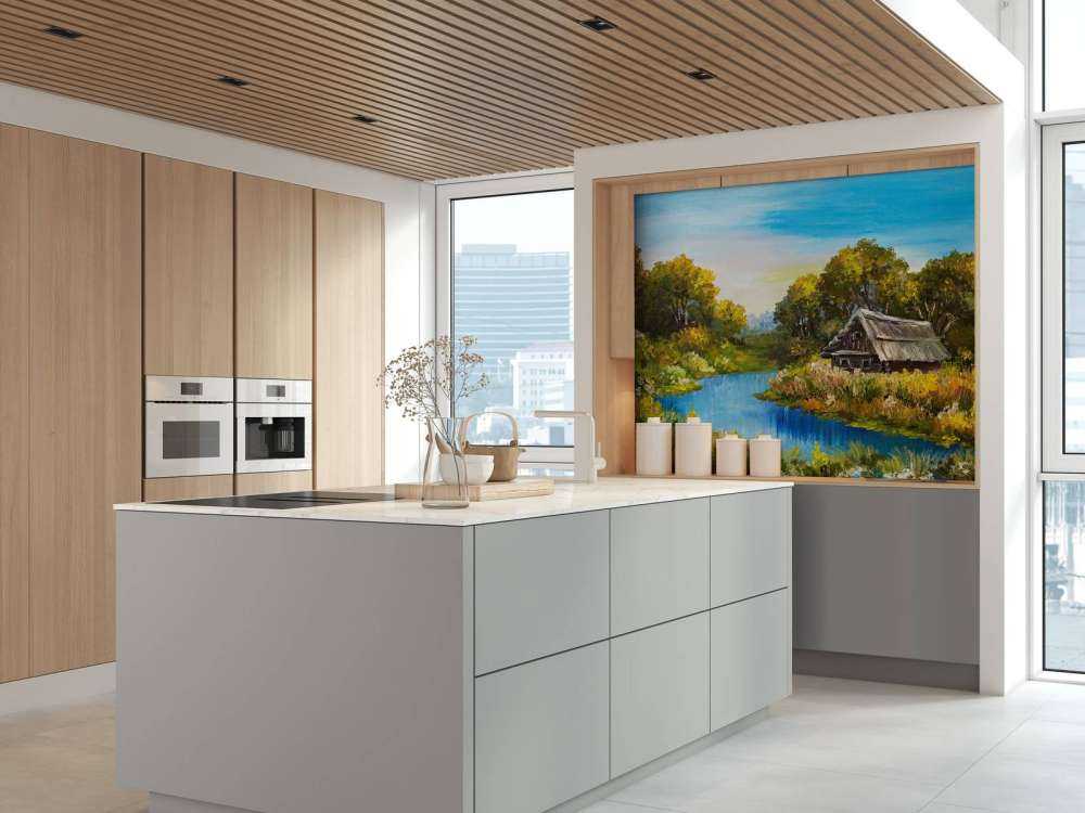 Boerderij aan een rivier schilderij