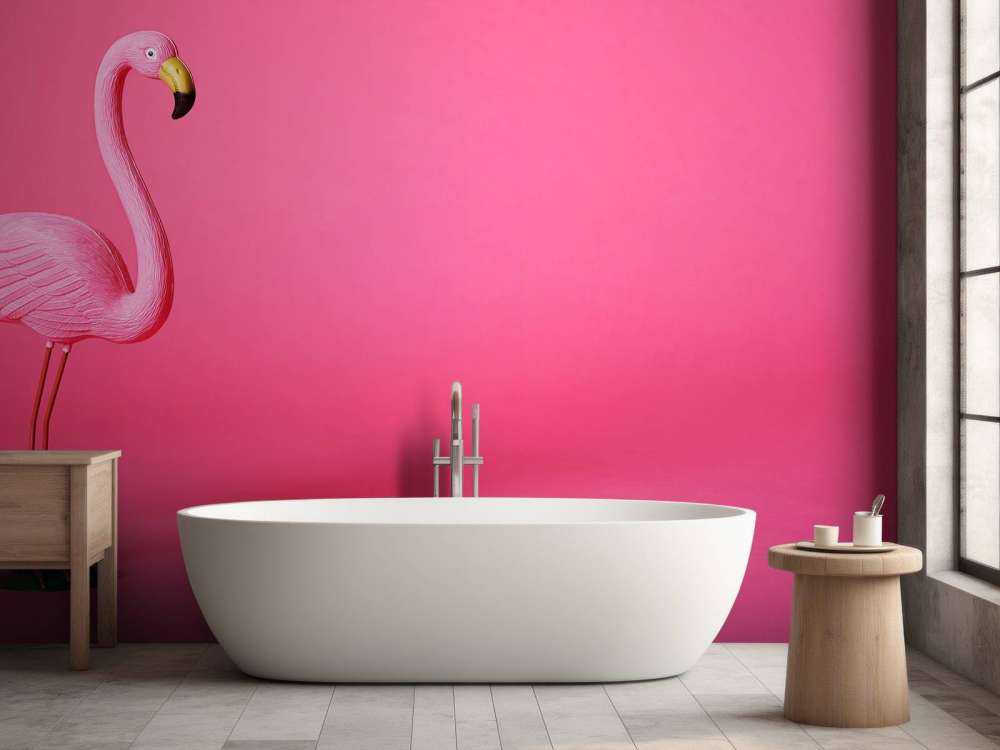 Flamingo van kunstof met een roze achtergrond