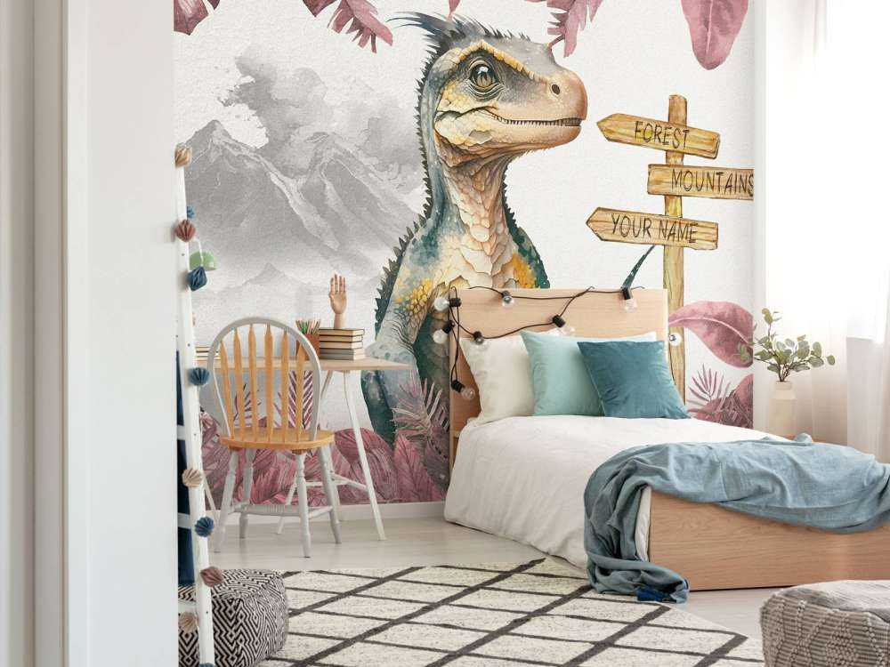 Baby velociraptor in de jungle roze