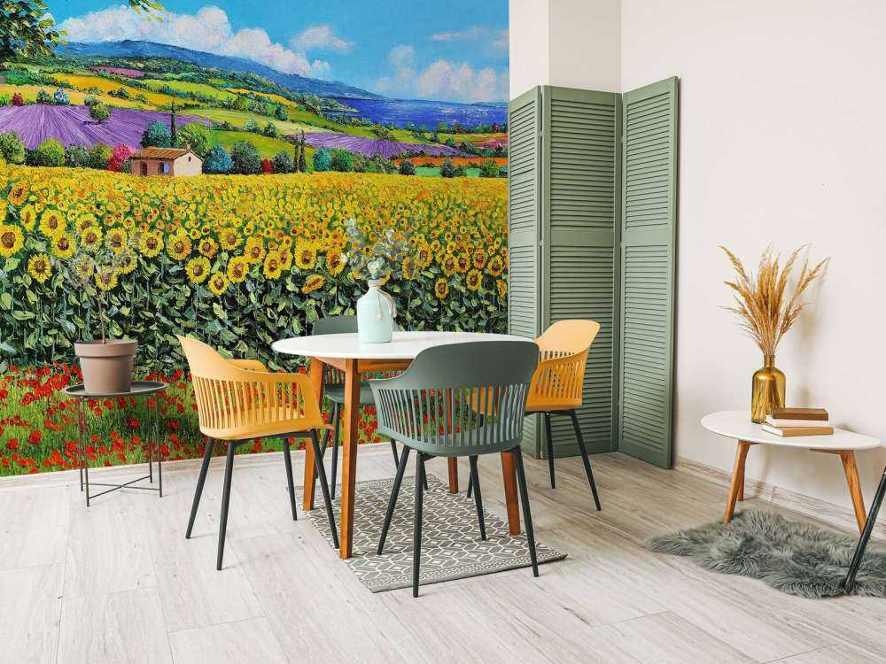 sunflowers, lavender, and sea